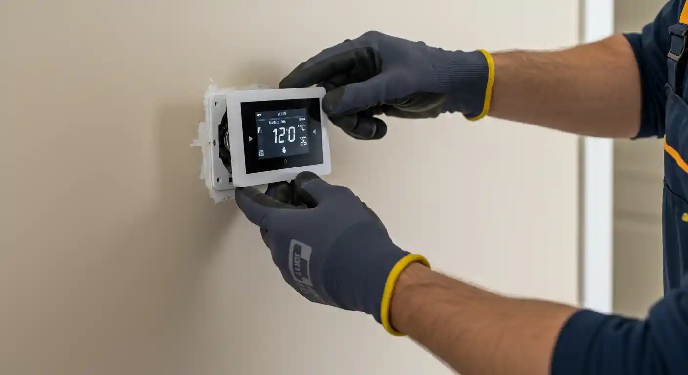  A close-up shot of a person's hands, wearing grey and yellow work gloves, carefully holding a white smart thermostat and attaching it to the wall. 