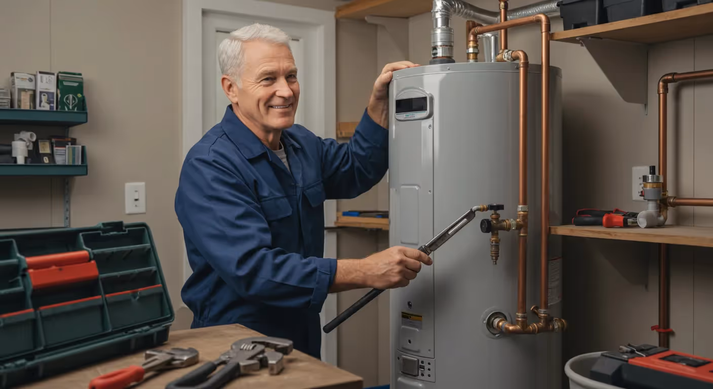 A smiling older male technician is holding a wrench and working on a gray water heater, with an open toolbox and tools on a workbench beside him.