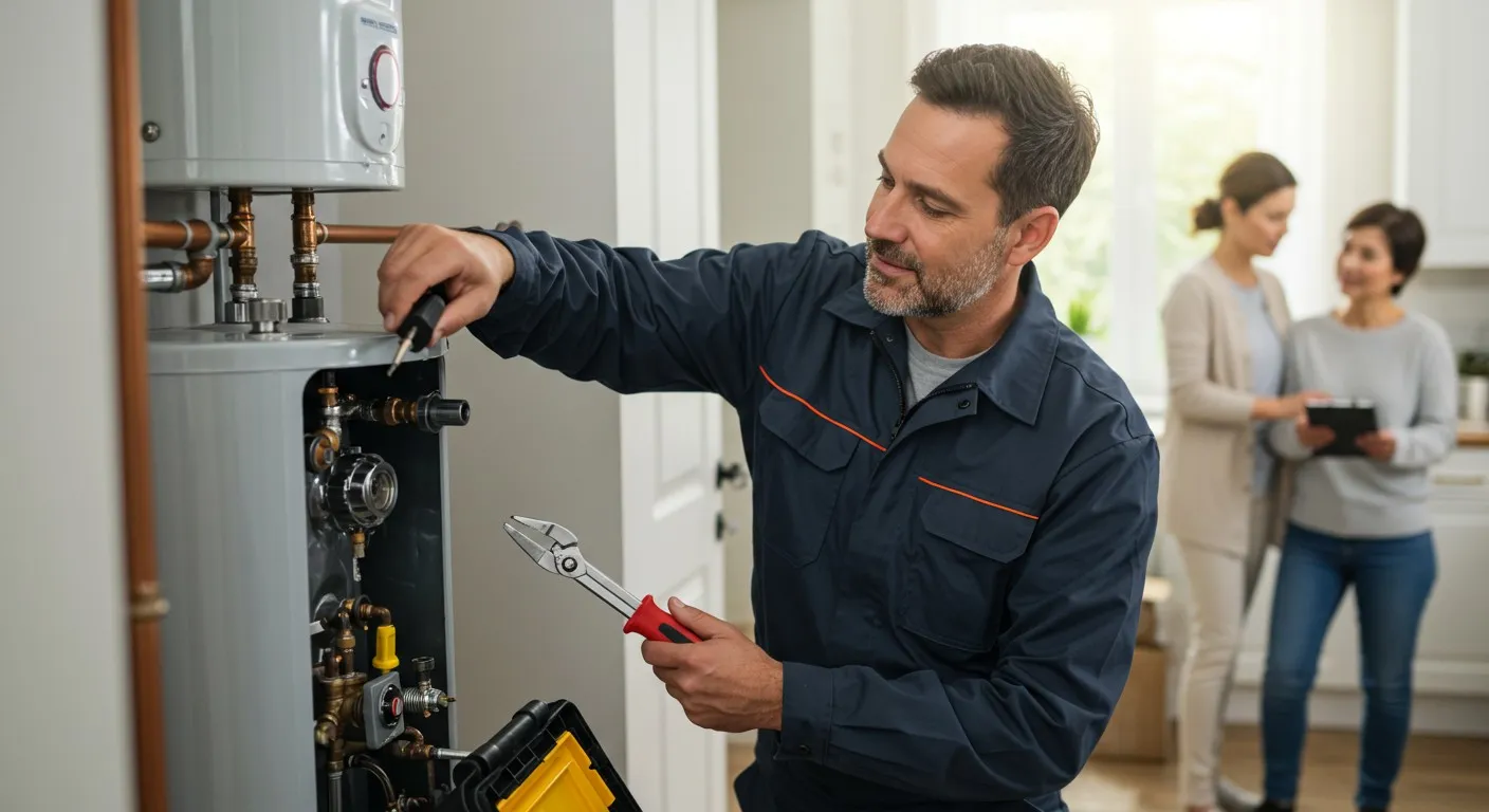Man repairs water heater for women.
