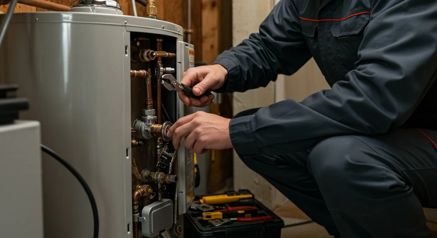 A male plumber, dressed in a dark gray uniform, is kneeling and using a wrench to repair the internal plumbing of a large, gray water heater. The front panel is open, exposing a complex network of copper and brass pipes. A red toolbox with various tools is visible on the floor next to him.