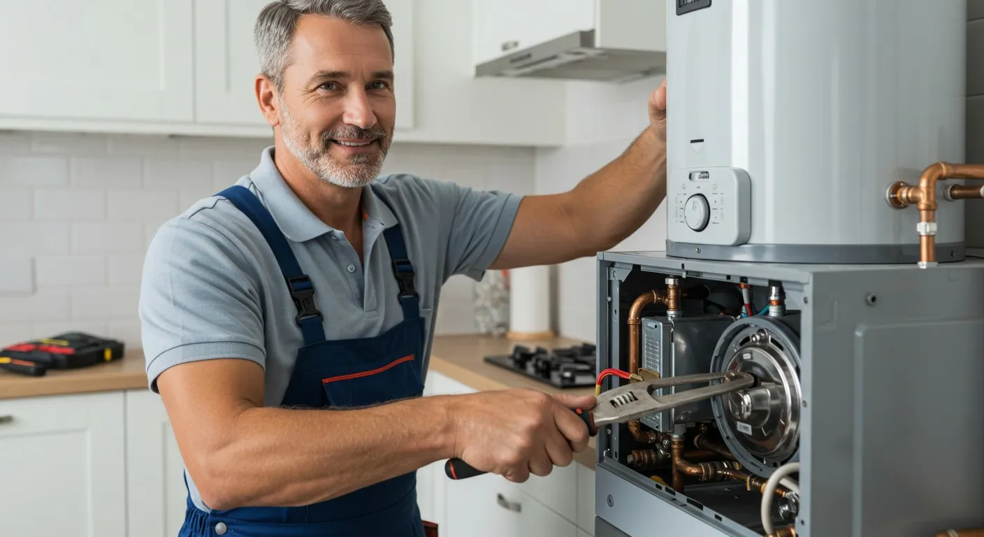 Smiling repairman fixing a water heater.