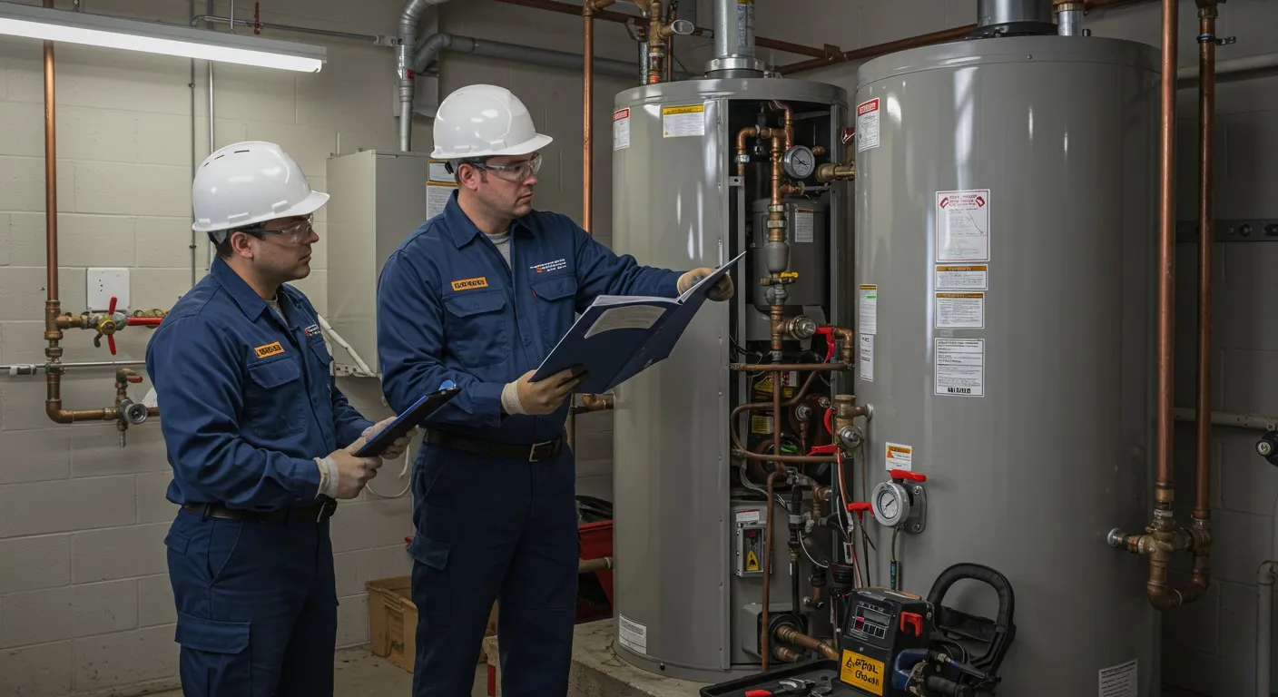 Men checking large industrial water heaters.