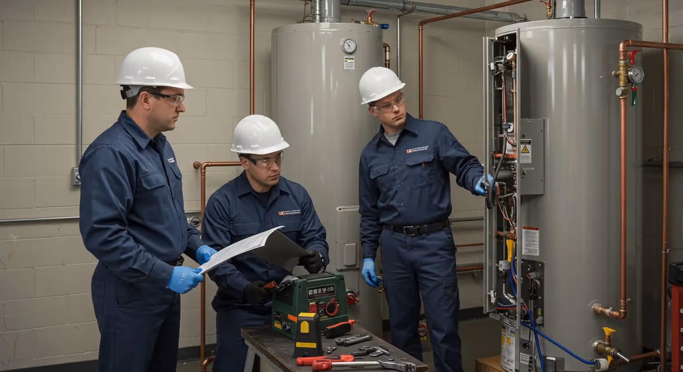 Three workers inspecting large water heaters.