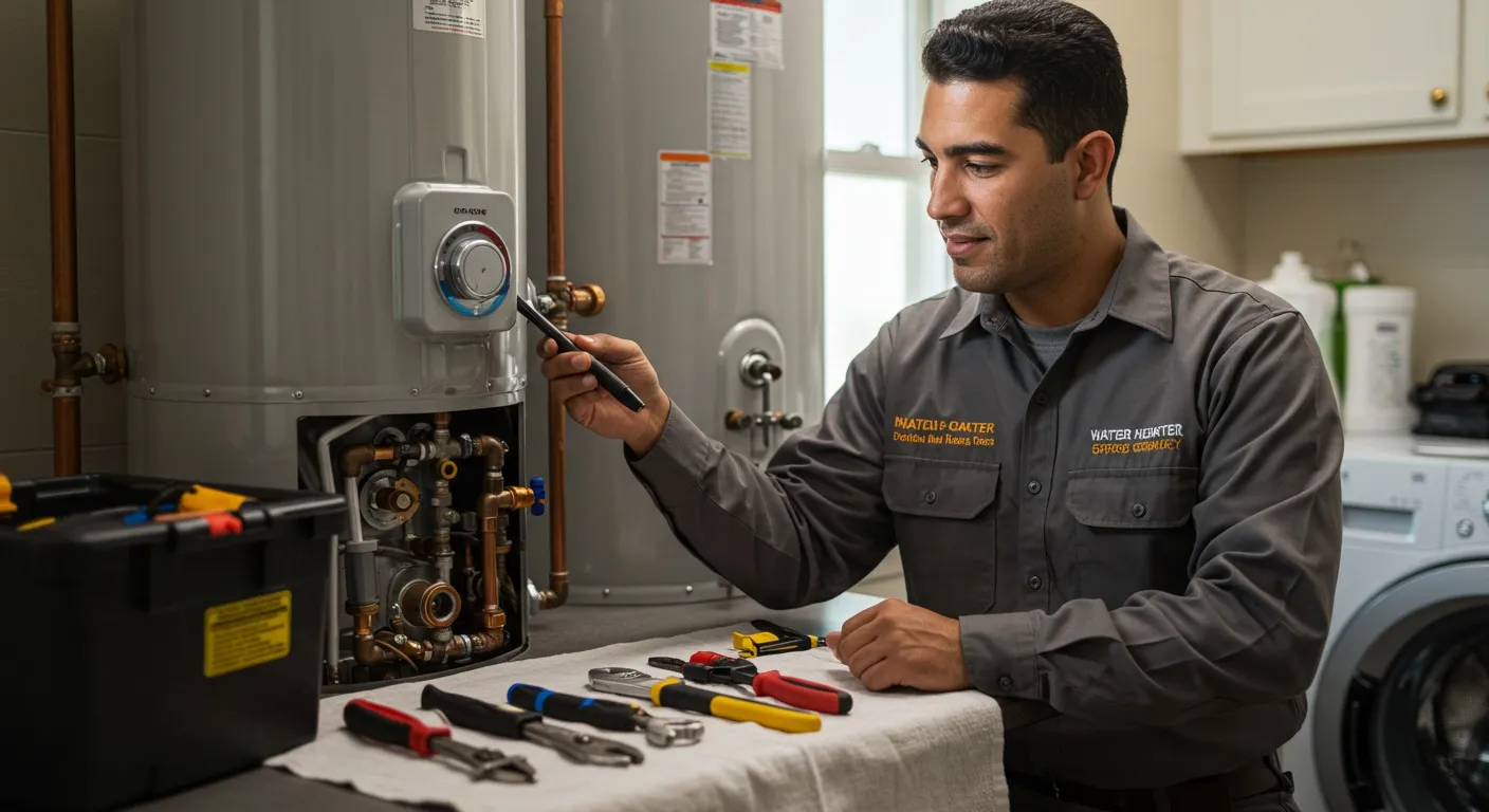 Man pointing to a water heater.