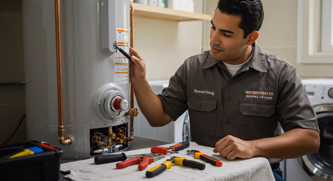 Man inspecting water heater with client.