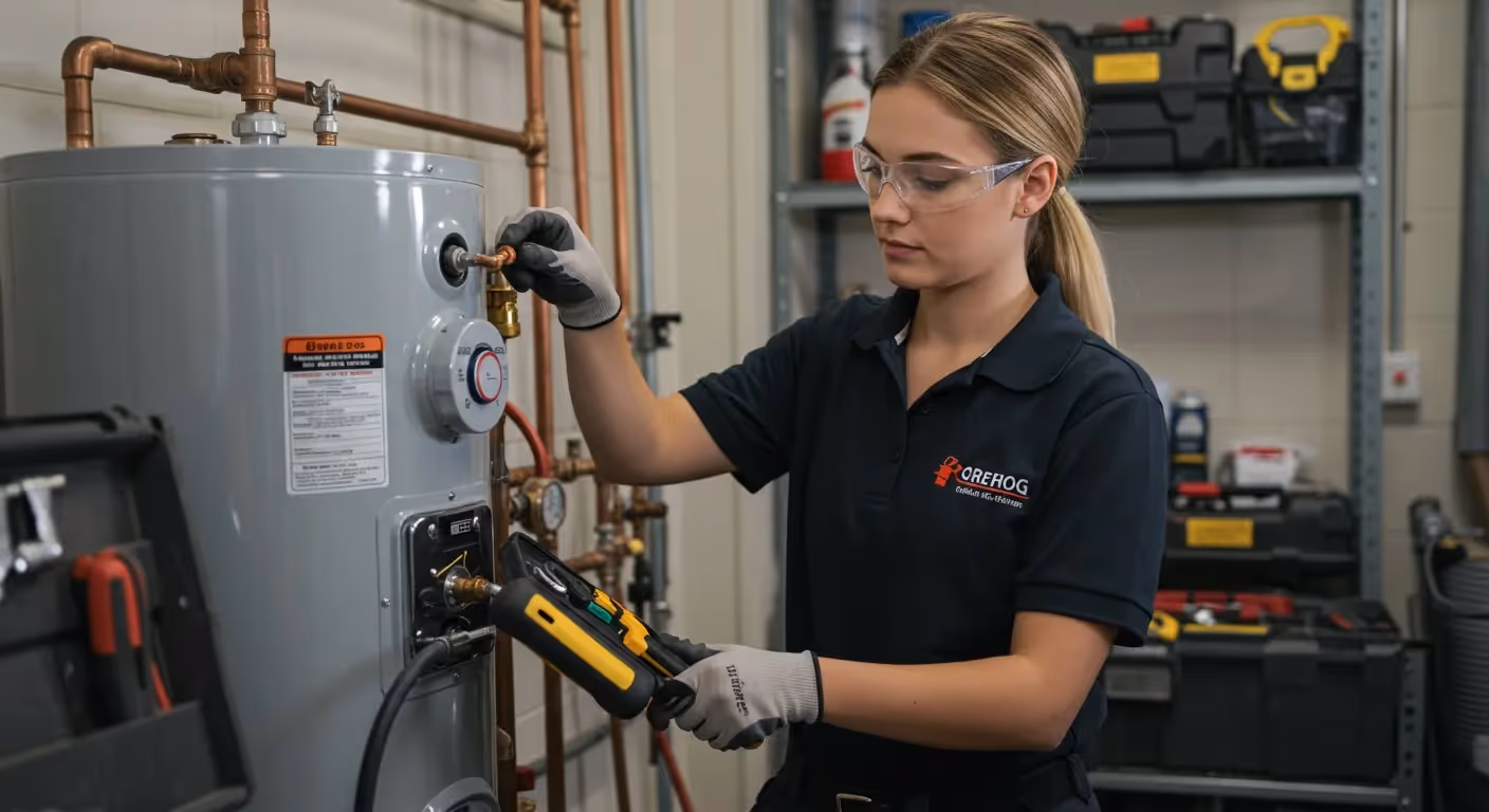 A woman in safety goggles and gloves works on a water heater with a tool in a workshop
