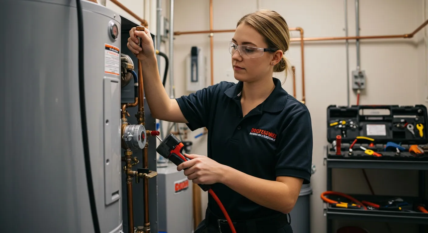 Woman working on an industrial water heater.