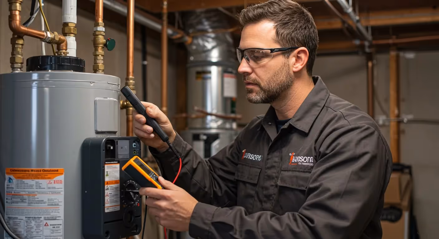 Man uses voltmeter on water heater.