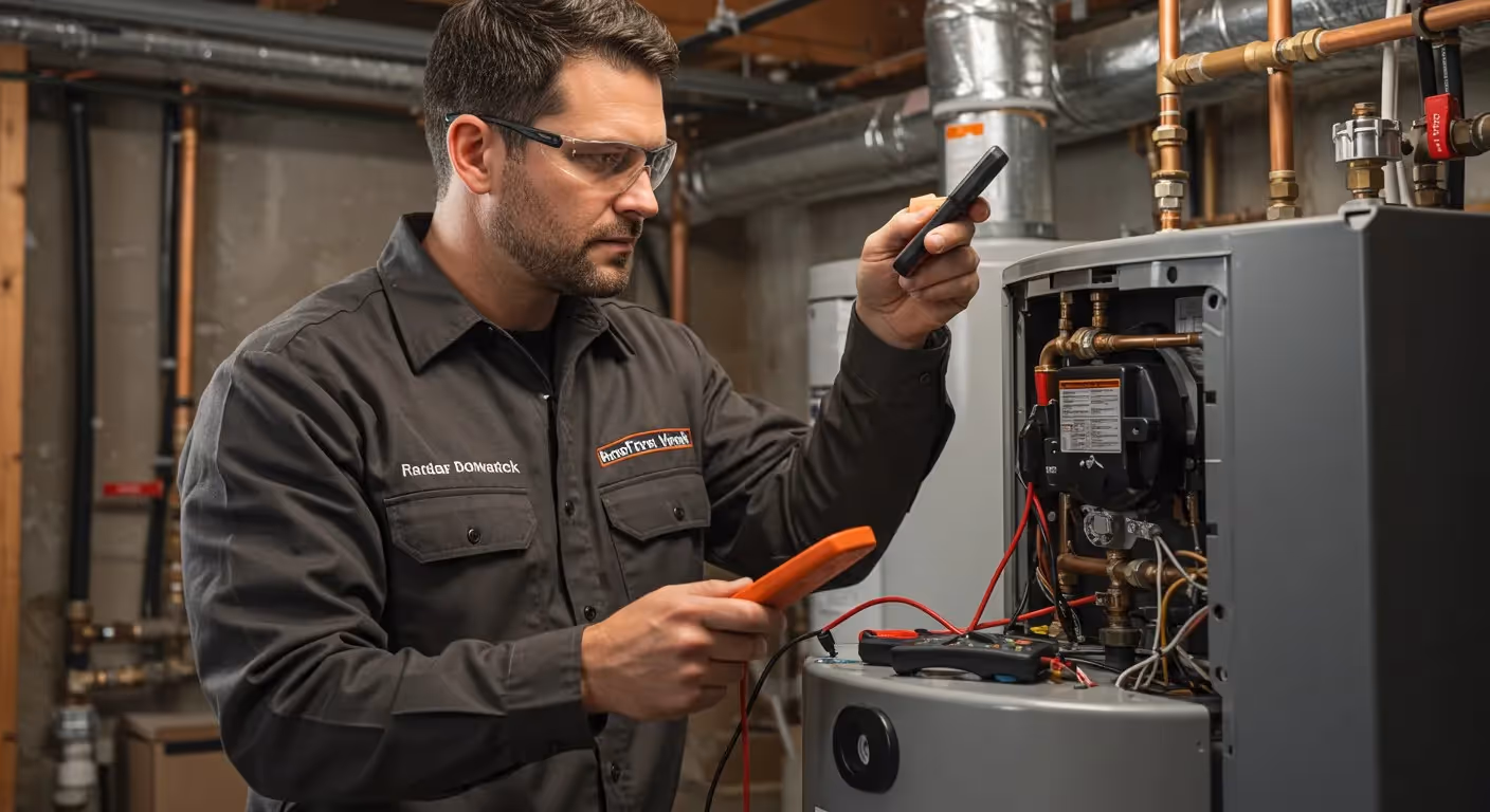 A technician wearing safety goggles inspects a furnace in a basement, holding diagnostic tools.