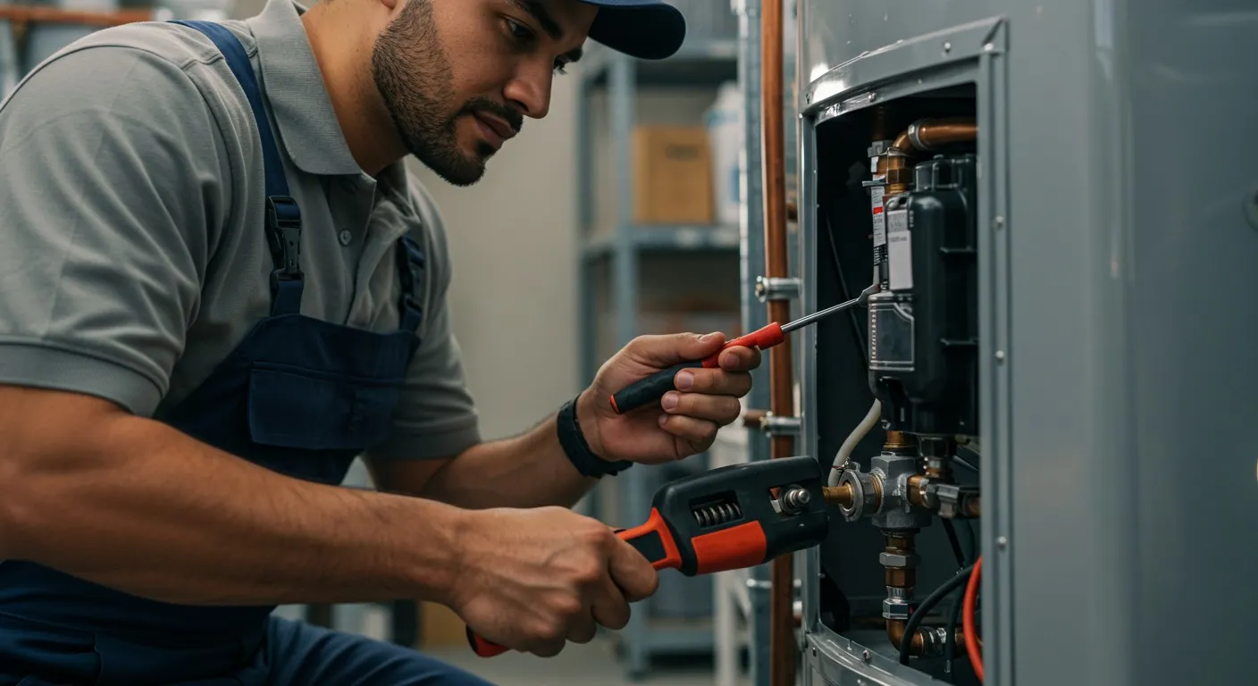 Man repairs water heater with tools.