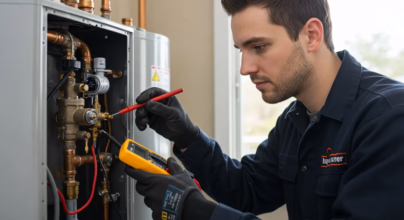 Man tests water heater with multimeter.