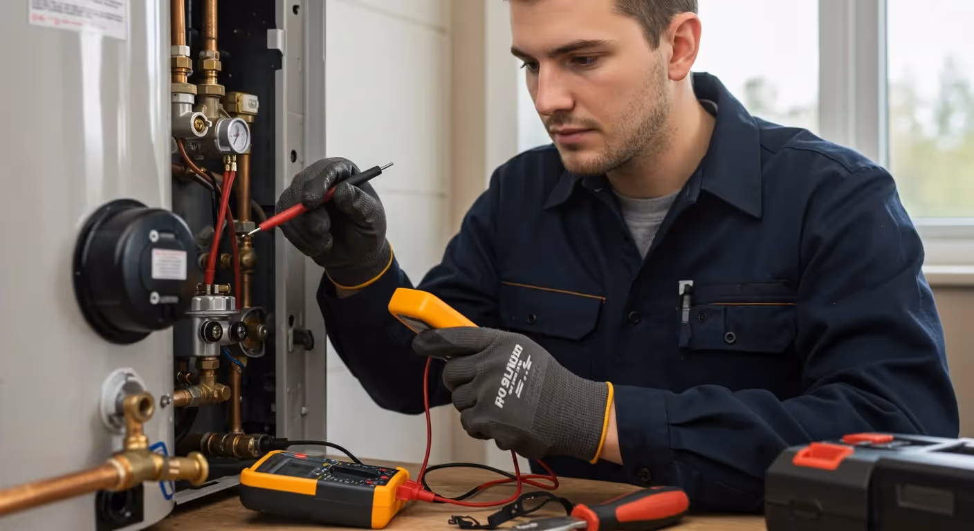Man uses a voltmeter on a water heater.