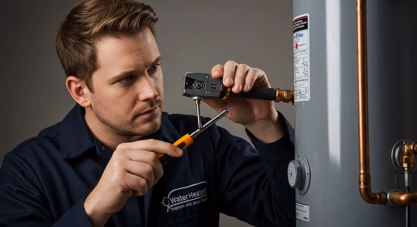 Man working on water heater pipes.