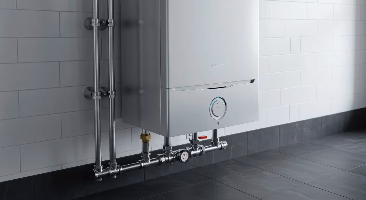 Gas boiler mounted on tiled wall.