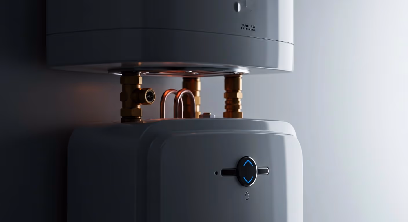 A modern, sleek water heater with copper pipes and brass connections mounted on a gray wall.