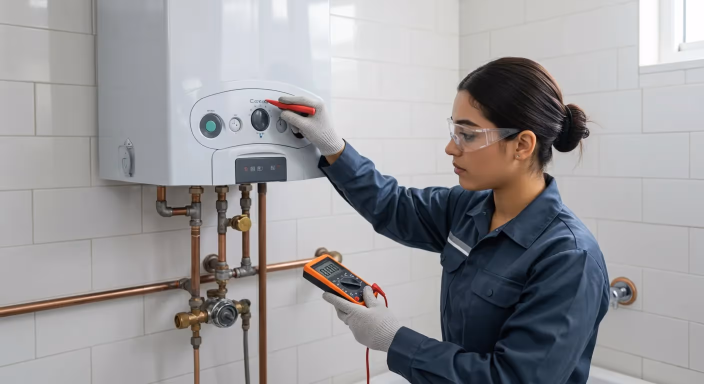 A technician in blue overalls uses a multimeter to check a white gas boiler.