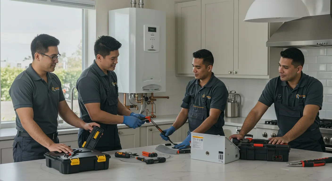 Team of technicians servicing kitchen boiler.