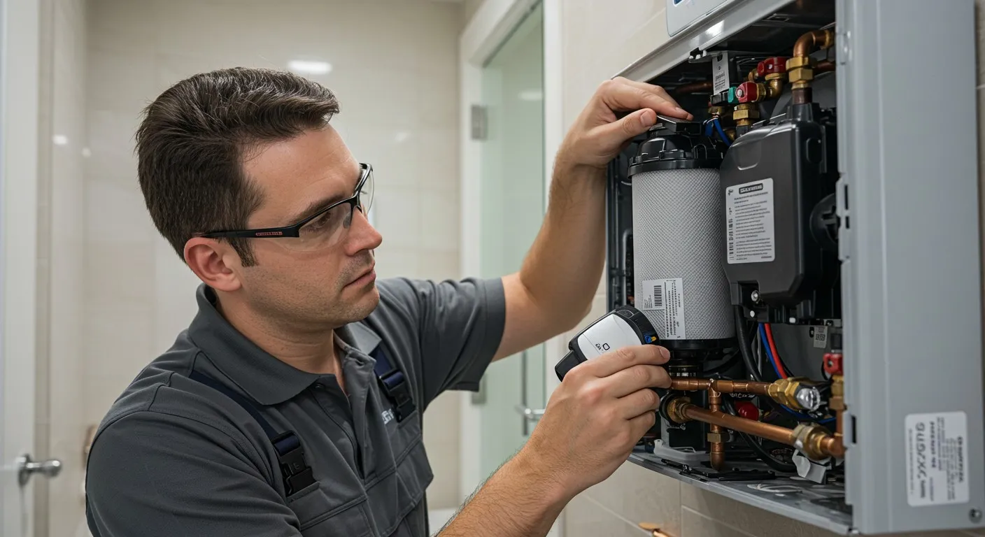 Technician installing new boiler water filter.