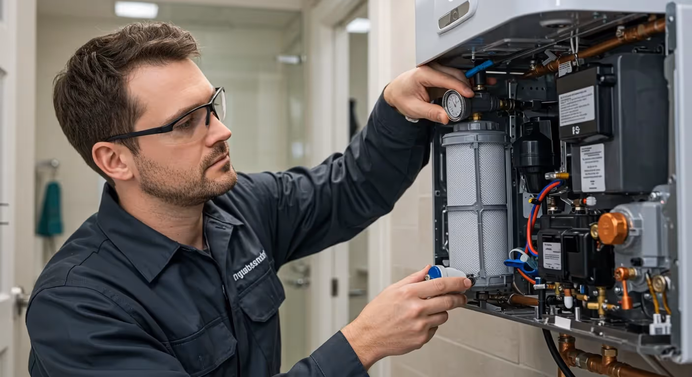 A technician in safety glasses inspects a wall-mounted boiler, twisting a knob and checking a gauge.