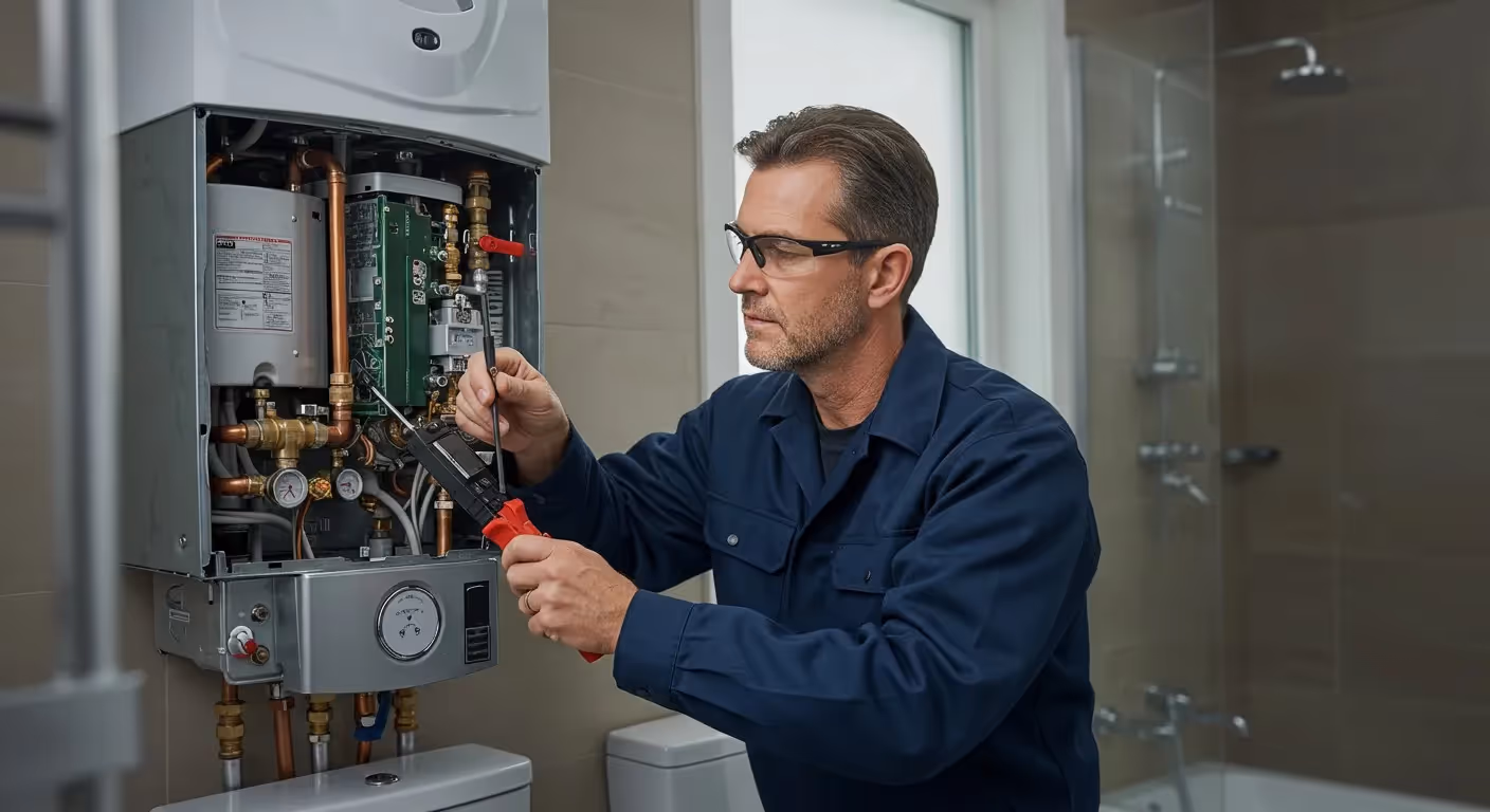 Older technician repairing a bathroom boiler.