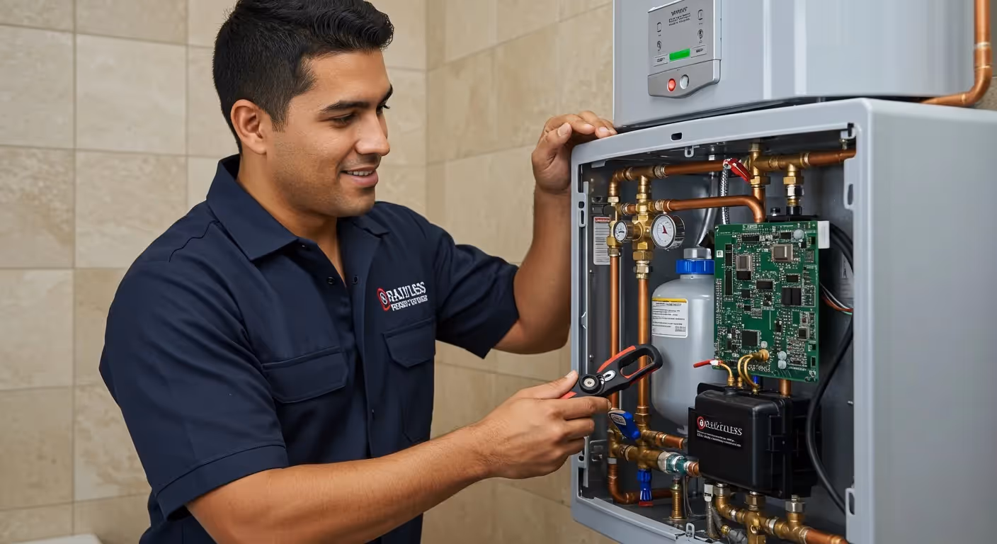 Man smiling while servicing water heater.