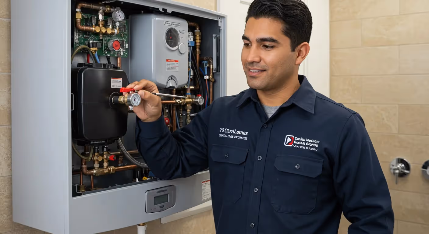A technician in a blue uniform works on a wall-mounted boiler, adjusting a valve with a focused expression.