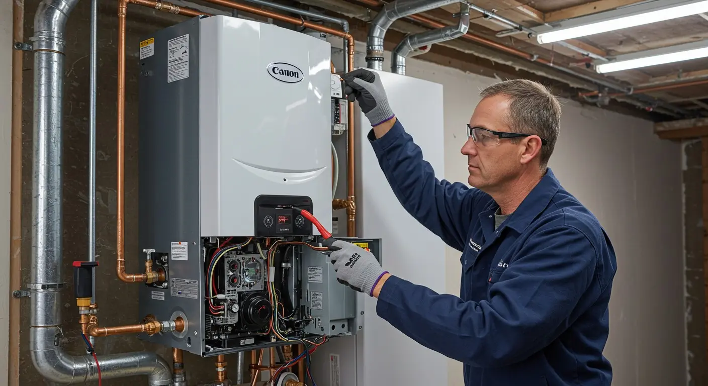 Man with safety glasses fixing tankless water heater.