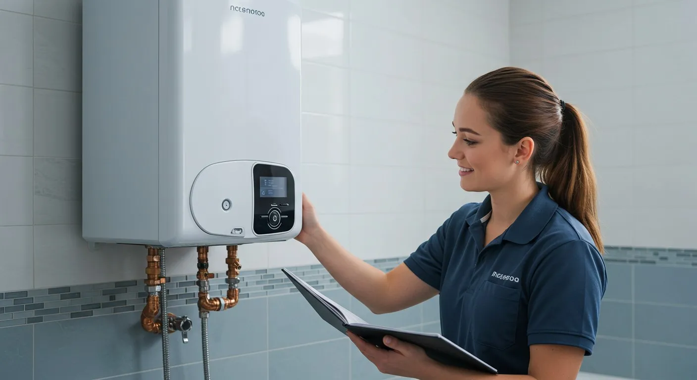 Smiling female technician checking modern boiler.