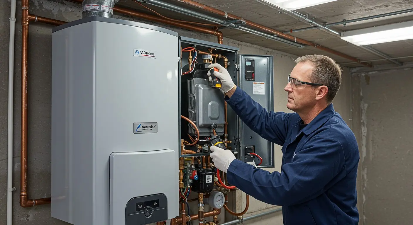 Man working on boiler with tools.
