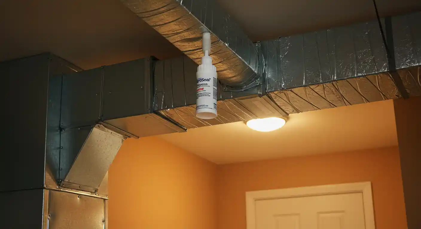A bottle of Aeroseal sealant is attached to a metal air duct that runs along a ceiling. The bottle is held upside down by a clamp, allowing its contents to be fed into the ductwork. A light fixture is visible on the ceiling below the duct.