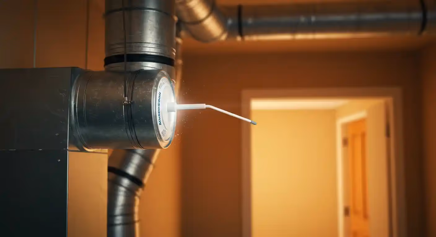 A close-up shot of an Aeroseal application process. A white nozzle with a blue tip is inserted into a round metal air duct. A sticker on the duct reads "AeroSeal." The background shows a hallway with a doorway and another round duct pipe.