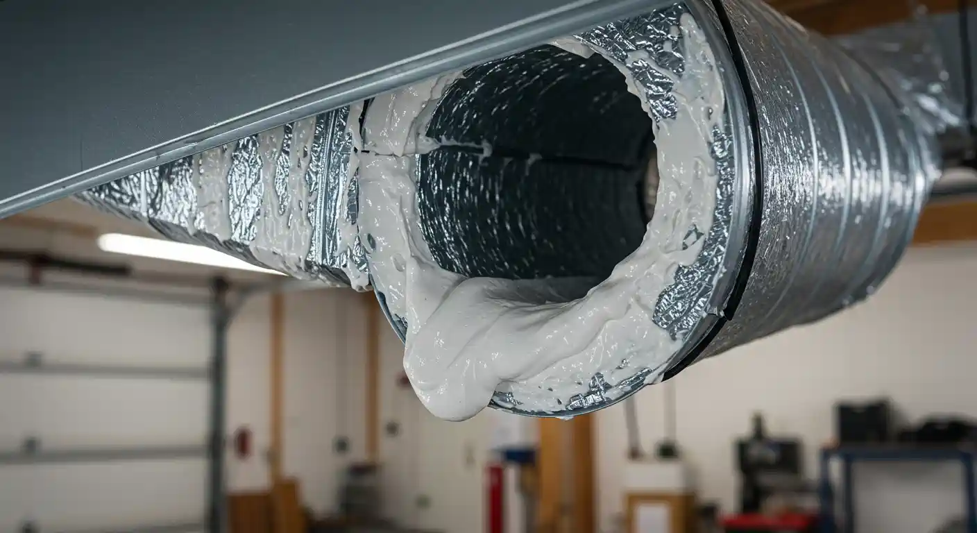 A close-up, low-angle shot of a flexible air duct that has been sealed with a thick, white, wet-looking sealant. The sealant is heavily applied around the circular opening where it connects to a larger, rectangular duct. 