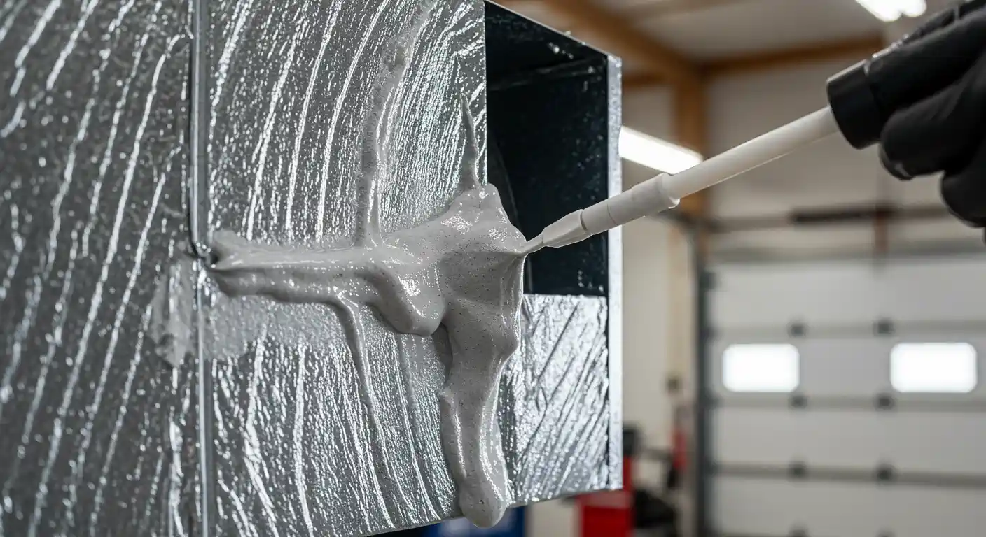 A close-up shot of a person wearing black gloves, using a caulking gun with a long, thin nozzle to apply a thick, gray sealant to the seams of a rectangular metal air duct. The sealant is being applied to the outside of the duct where two sections meet. 