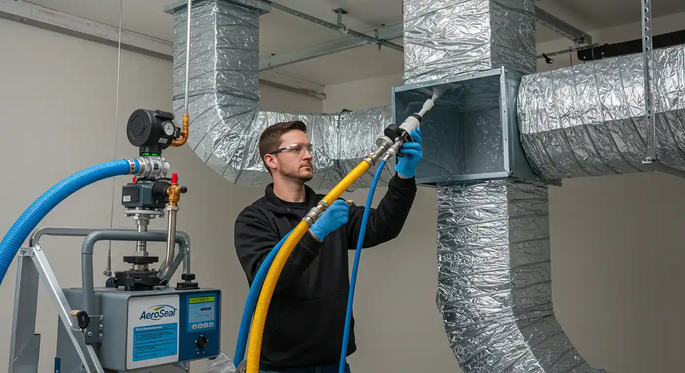 A man wearing safety glasses and blue gloves is operating a piece of equipment to seal a large air duct system. He is holding a nozzle attached to yellow and blue hoses, aiming it into an opening on the rectangular metal duct. The duct system is wrapped in insulation and runs along a white ceiling. A machine labeled "AeroSeal" with a control panel and hoses is visible on the left.
