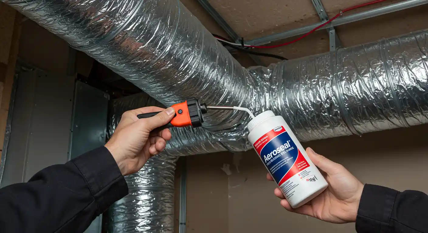 A close-up shot of two hands holding tools for duct sealing. The left hand holds an orange and black tool with a nozzle, and the right hand holds a white bottle of "Aeroseal" duct sealant. 