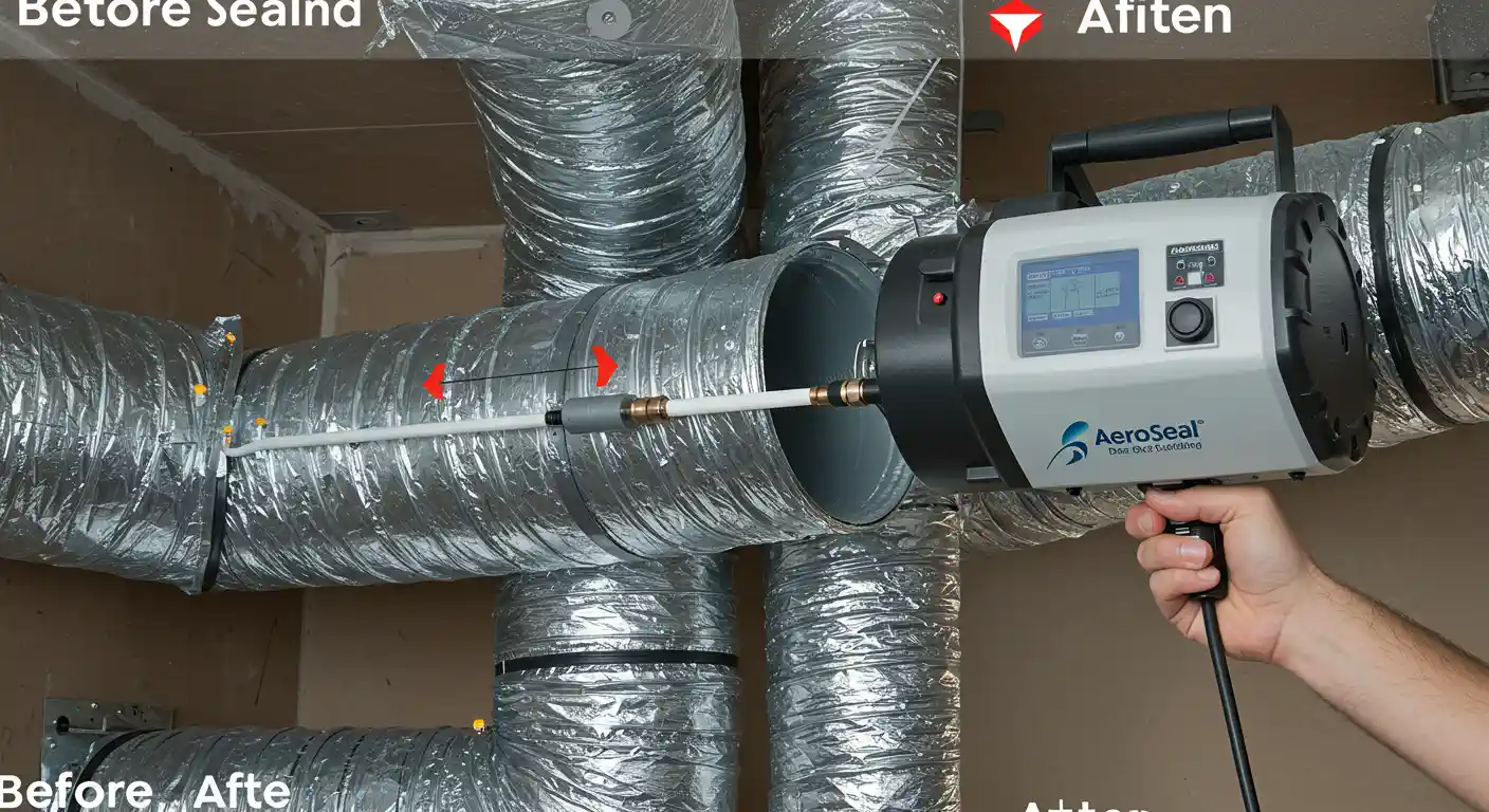A split-screen image comparing the state of a duct system before and after a sealing process. A hand holds a large, gray and white Aeroseal machine with a digital screen, applying a sealant to a flexible air duct. The duct is part of a larger network of pipes, some of which have red arrows pointing to them. Text on the top left and bottom left says "Before Sealing" and "Before, After" respectively, and "After" on the bottom right. The red arrow on the top right is a downward pointing triangle, with text "After."