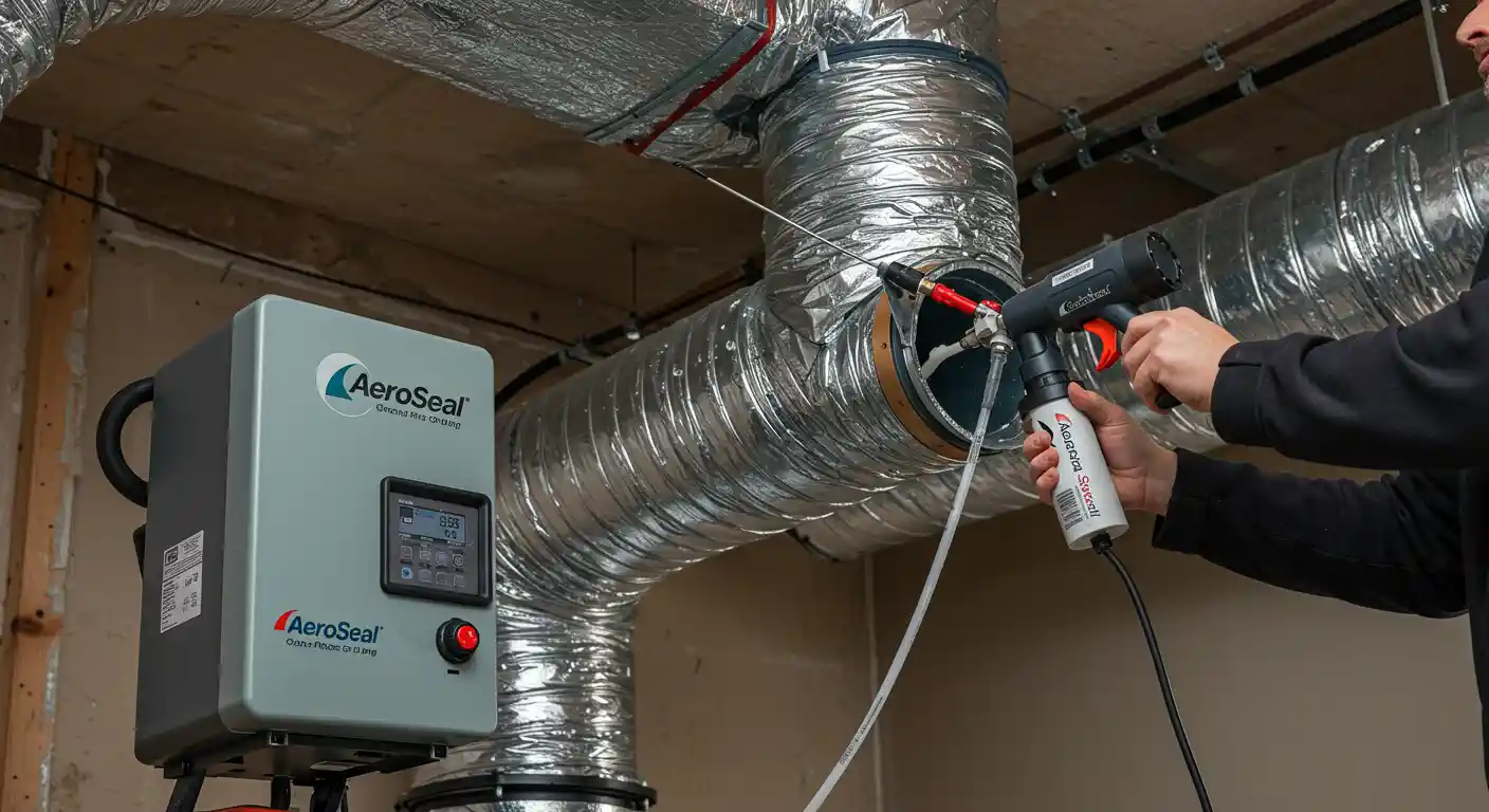 A person wearing a black jacket is using a handheld device to inject Aeroseal sealant into a flexible air duct. The device is connected to a larger, gray machine labeled "AeroSeal" with a digital screen and a red button.