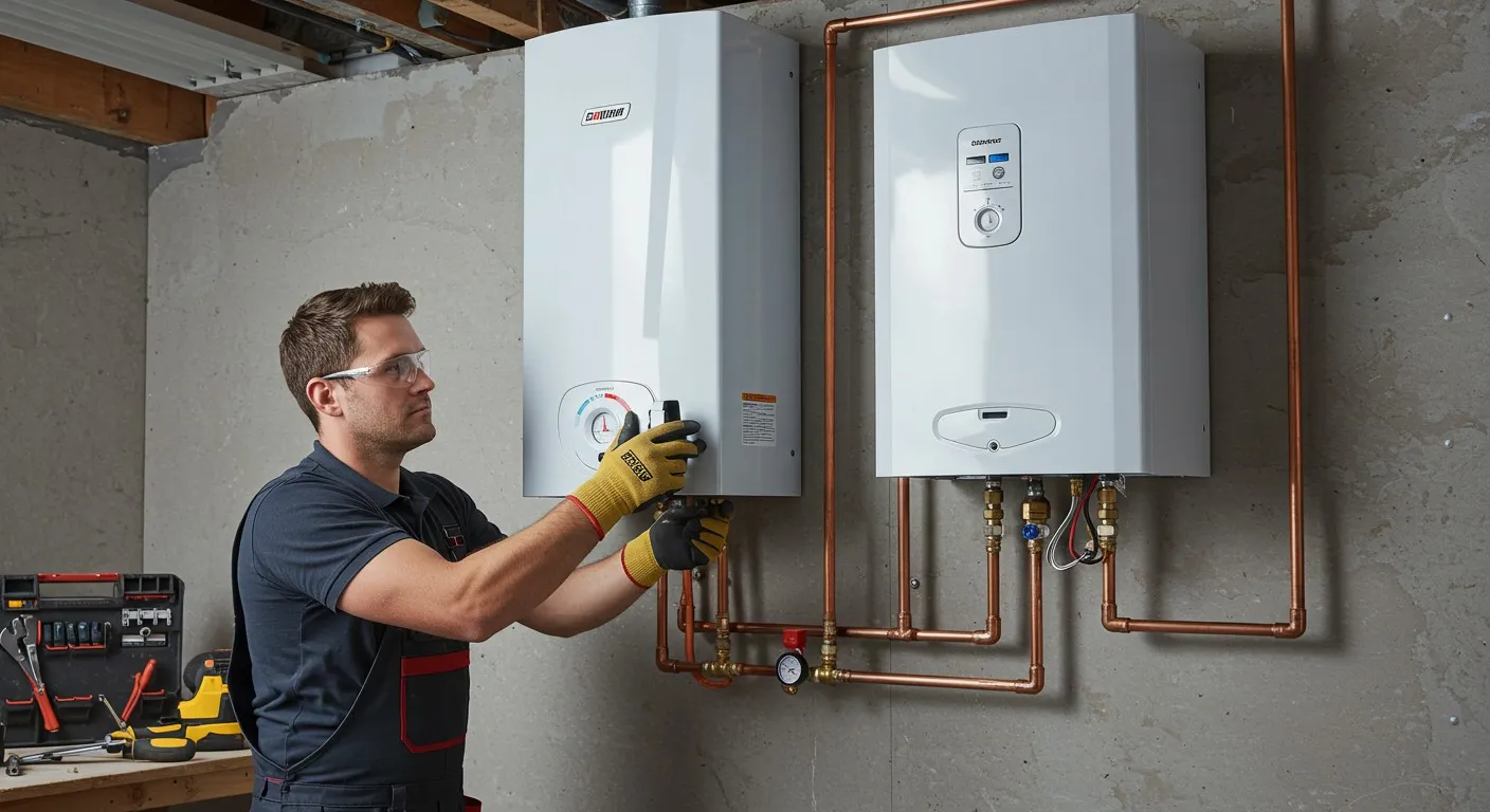 Man repairing tankless water heater with tool.