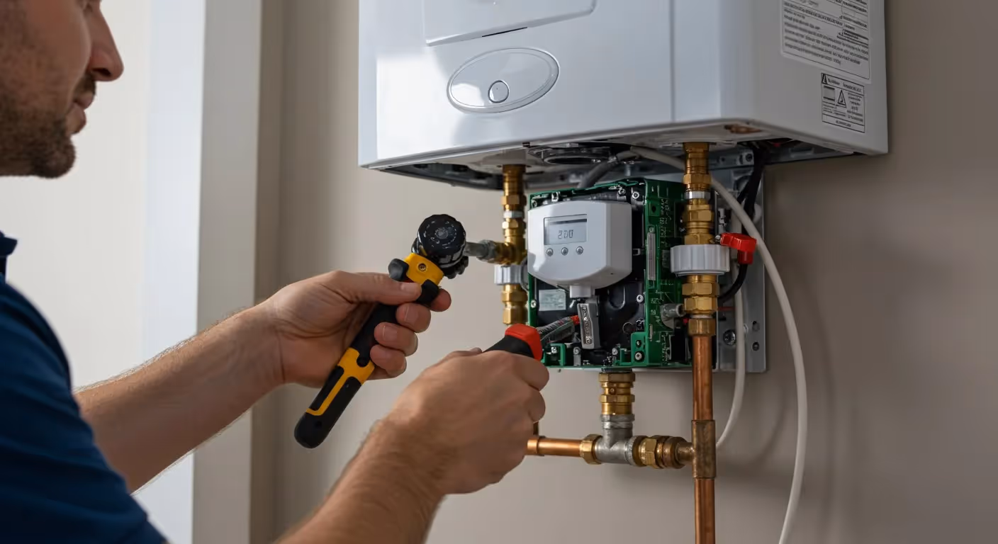Man using tools to fix wall-mounted boiler.