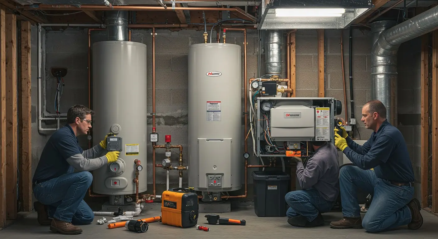 Team of men fixing multiple boilers.