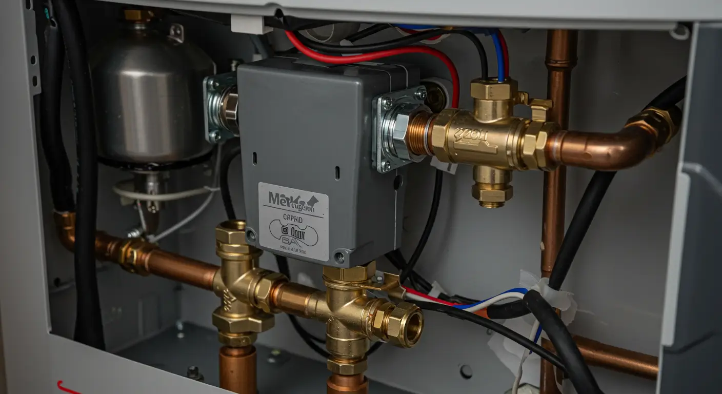  A close-up, internal view of a tankless water heater. The image shows a complex arrangement of copper pipes, brass valves, and a gray electrical control box with a label