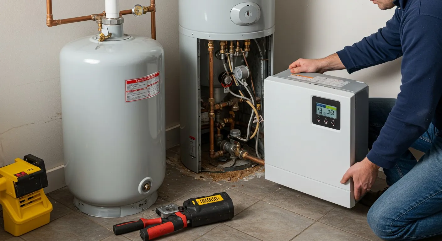 Man working on water heater system.