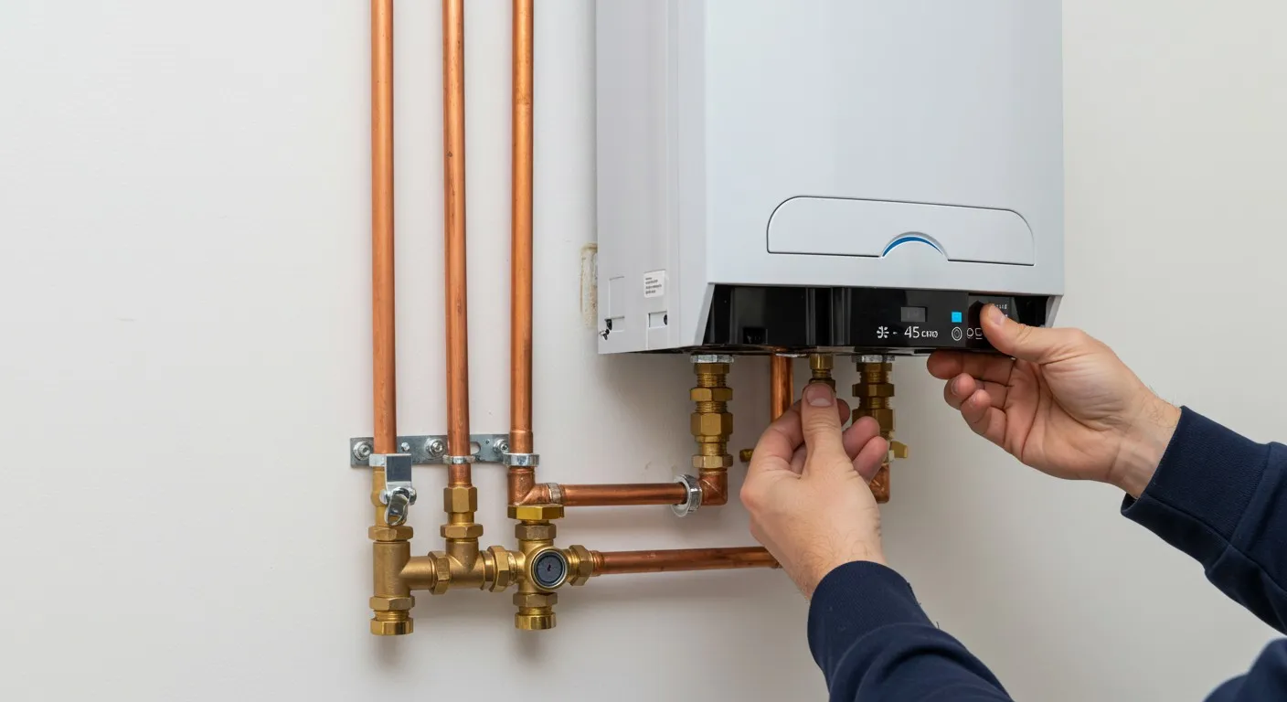 Man fixing pipes on boiler system.