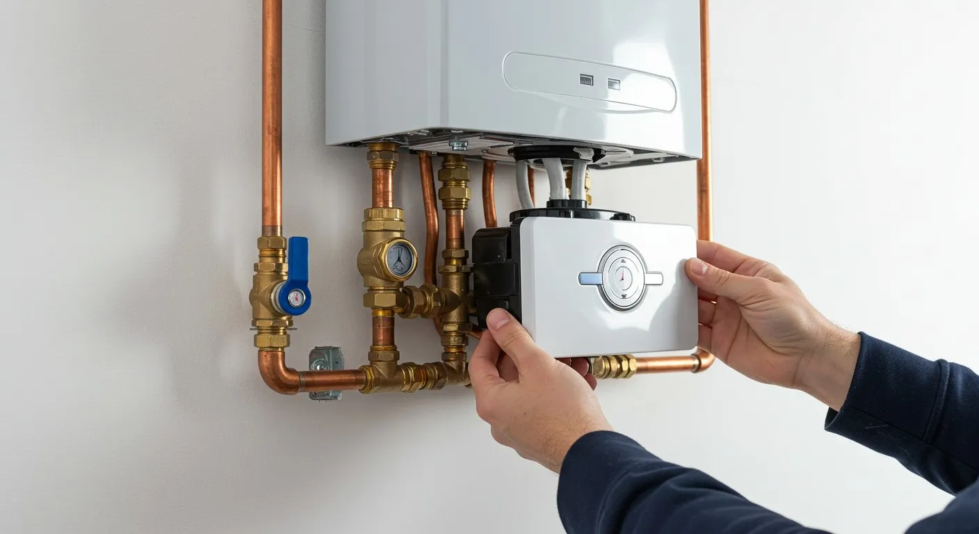Man repairing boiler control panel.