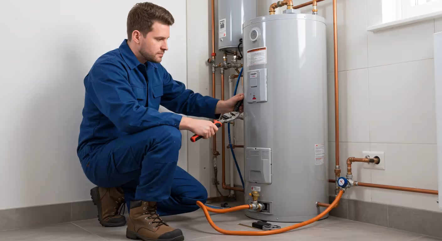  A plumber in a blue jumpsuit is crouching and using pliers to work on a large, gray tank water heater. An orange hose is connected to the tank's drain valve, suggesting a flushing or draining procedure.