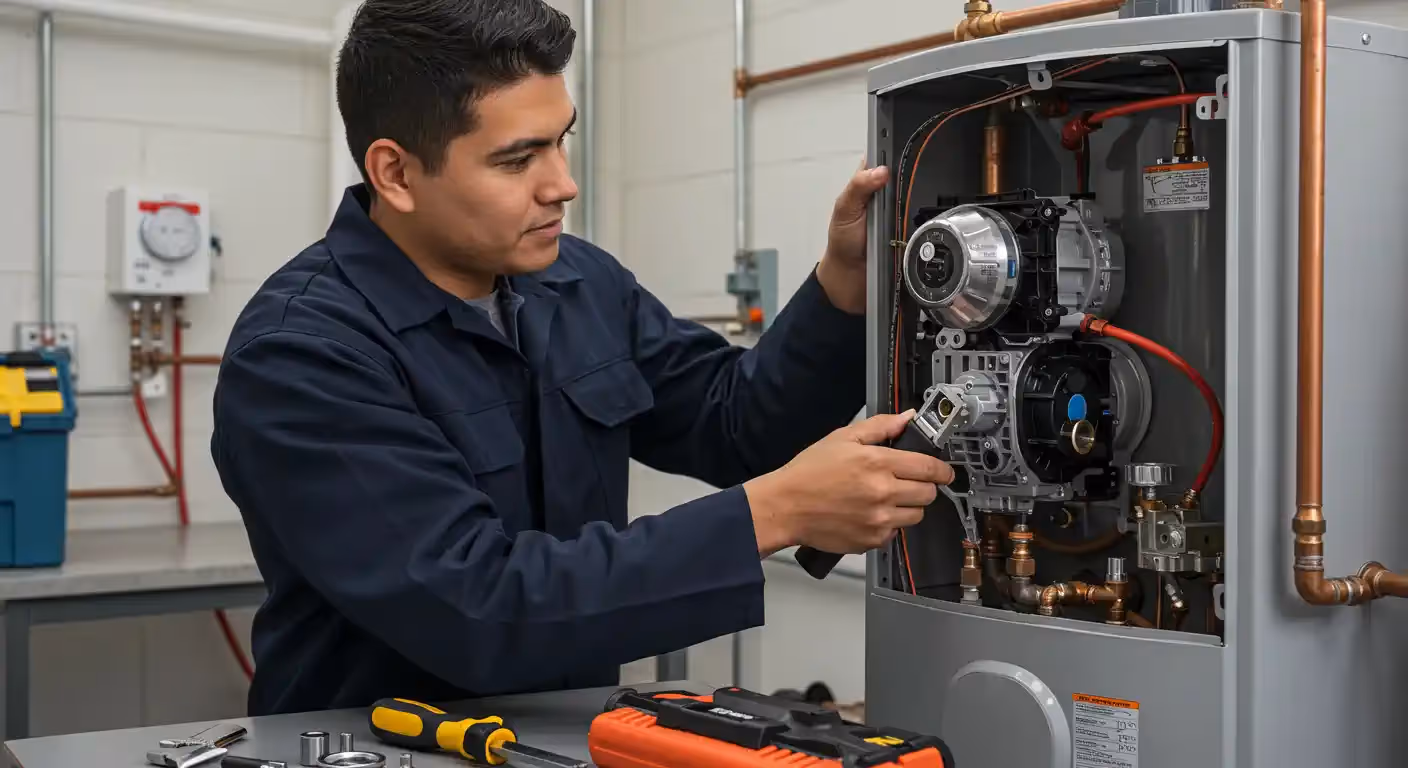  A male technician, wearing a dark blue work shirt, is focused on repairing a tankless water heater. The front panel is removed, and he is holding a component he has detached from the unit. The background suggests a workshop environment with tools and plumbing pipes visible.