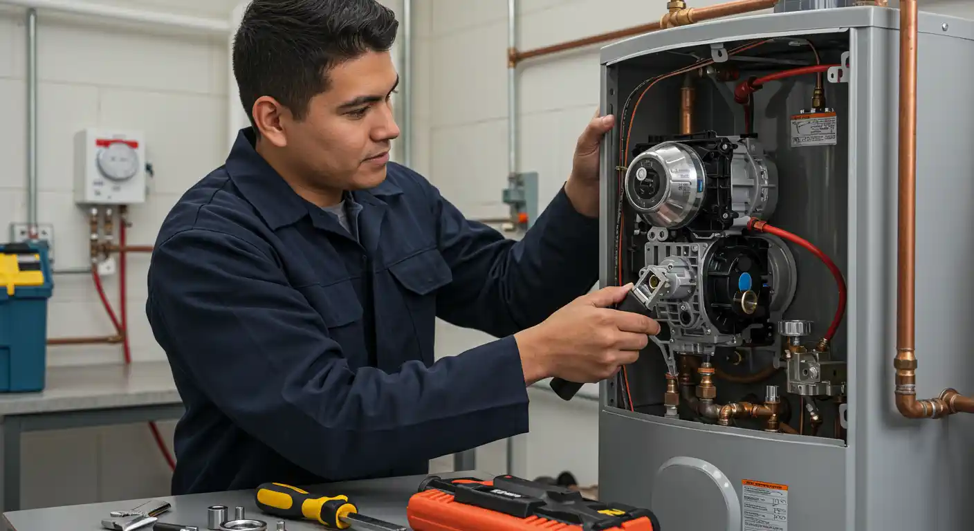 A male technician, wearing a dark blue work shirt, is focused on repairing a tankless water heater. The front panel is removed, and he is holding a component he has detached from the unit. The background suggests a workshop environment with tools and plumbing pipes visible.
