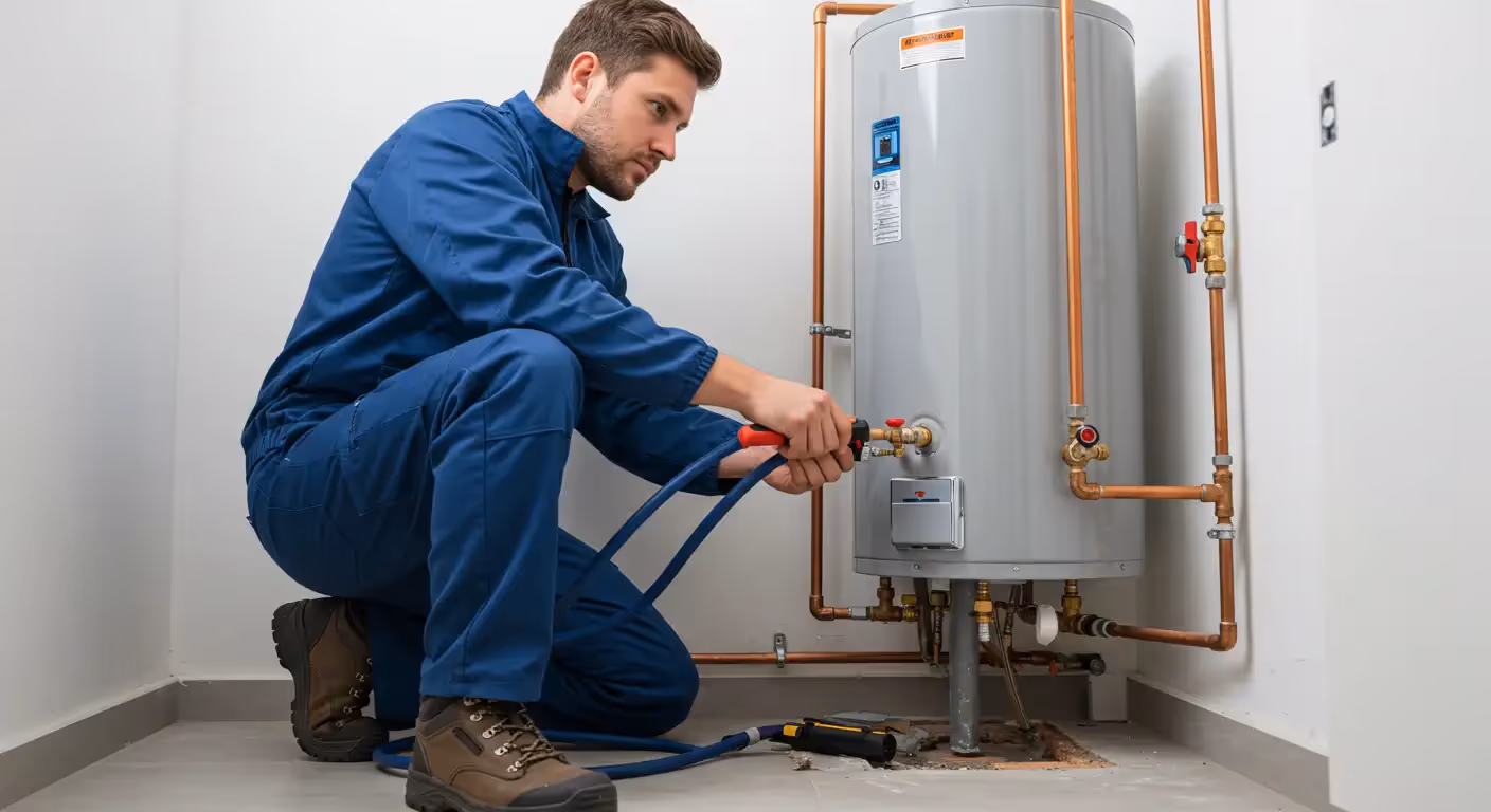  A male technician in a blue uniform and brown work boots is kneeling and working on a tall, cylindrical water heater. He is connecting a blue hose with a red handle to a brass valve on the side of the heater. The water heater is a large, grey tank with an orange warning sticker. A network of copper pipes runs along the wall, connecting to the unit. The floor is concrete and there's a cutout around the base of the water heater. The background is a clean utility room with white walls.