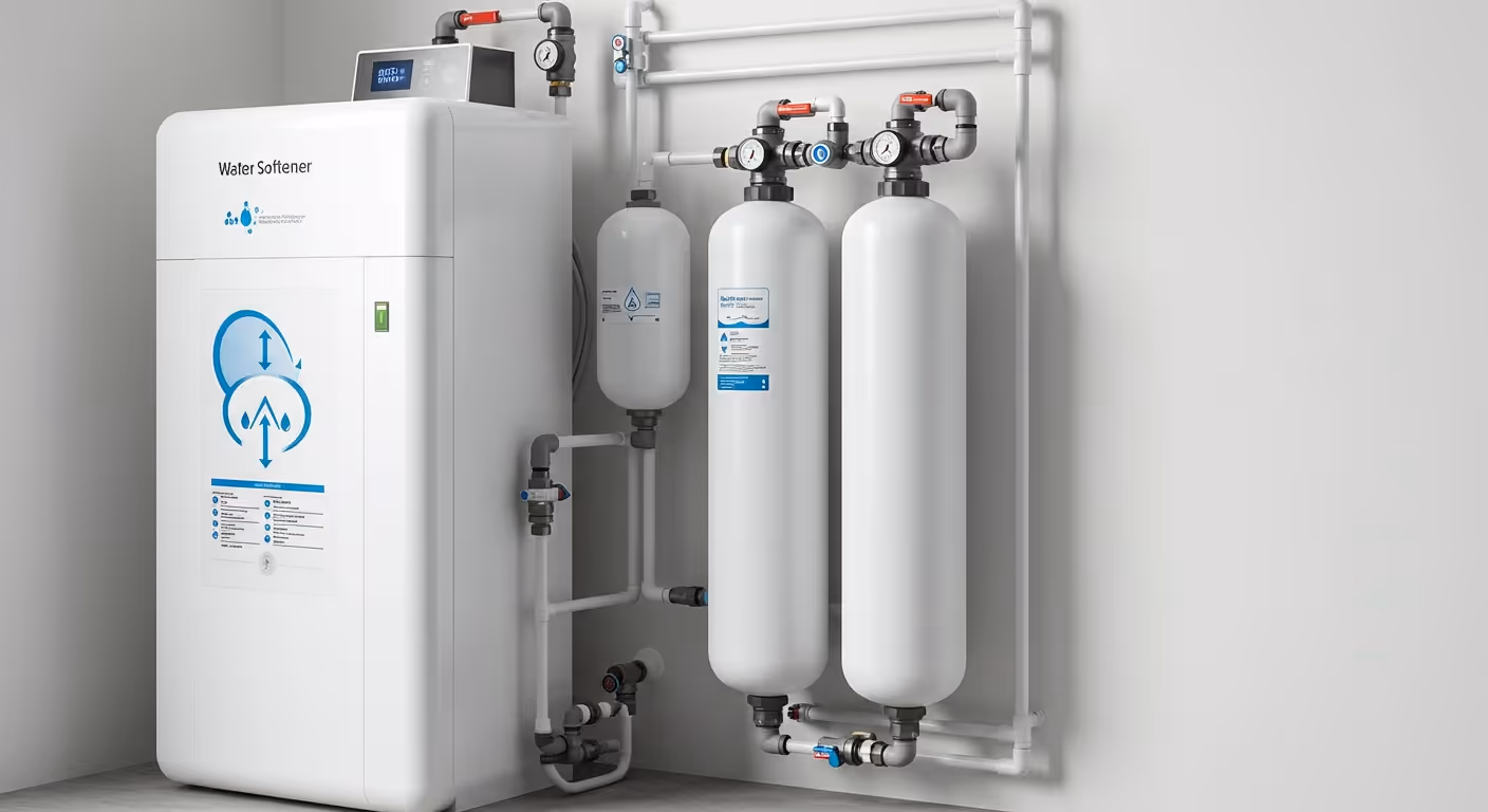 Water softener system with two tanks.