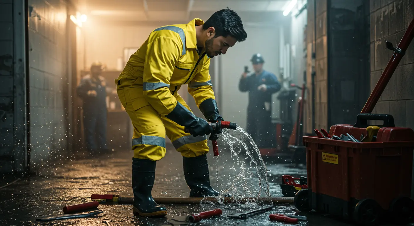Plumber fixing burst water pipe.